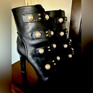 SEXY Karl Lagerfeld leather peep toe bootie costume gold studs faux pearl